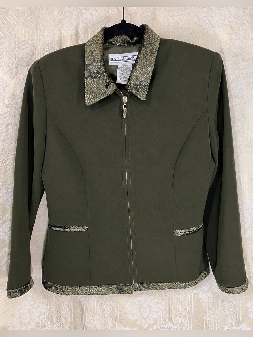 Jessica Howard Vintage Olive Snakeskin Trim Zip Jacket Blazer Size 10